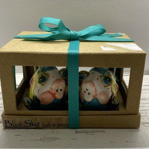 Blue Sky Kissing Fish Flowers Ceramic Salt & Pepper Shakers Miss Lorelei NIB